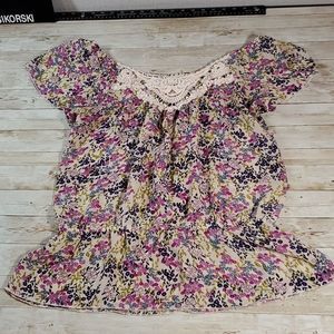 Roper Semi-Sheer Floral Lace Front Elastic Neckline & Waist Western‎ Shirt Top M